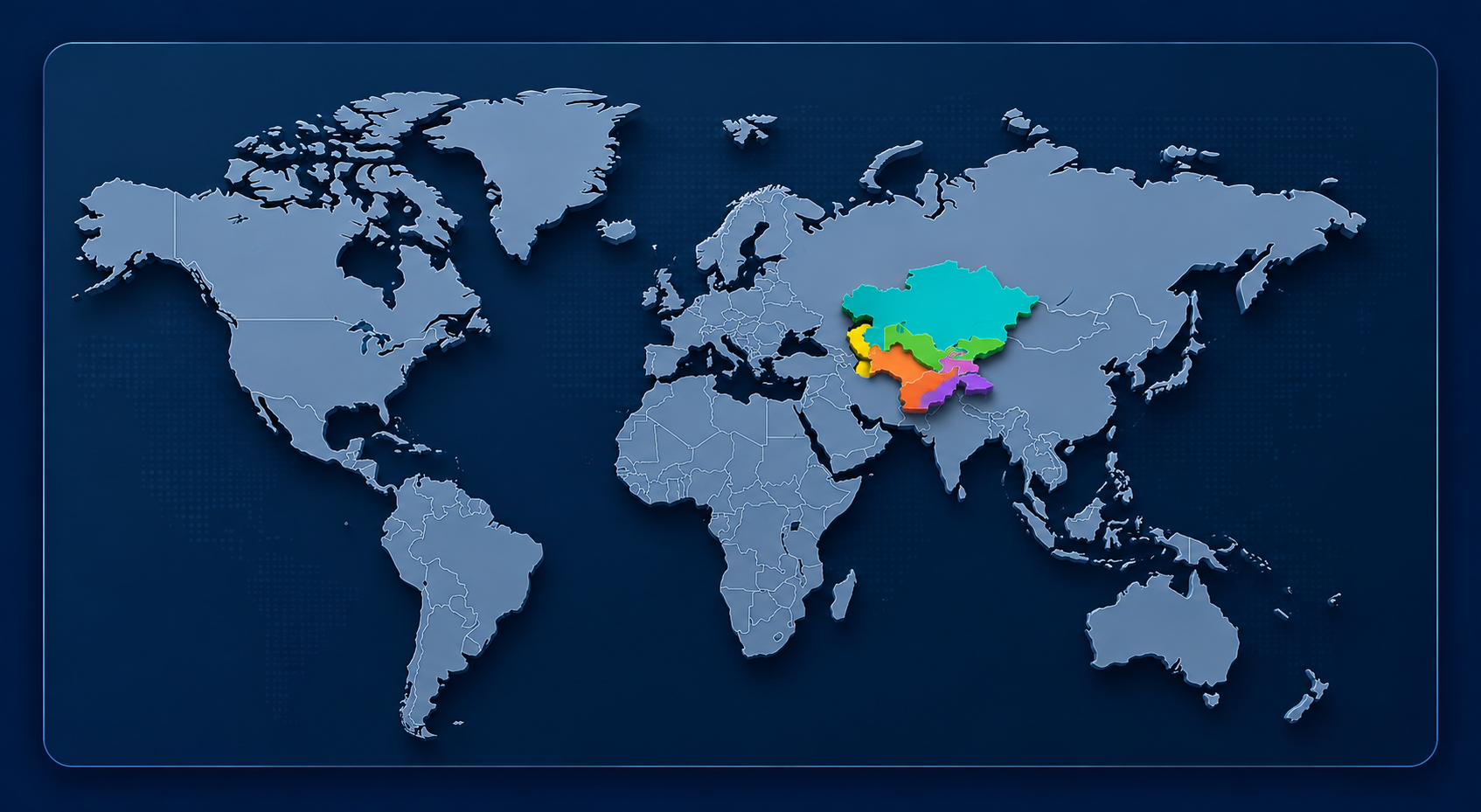 World map with the five Central Asian countries — Kazakhstan, Uzbekistan, Kyrgyzstan, Tajikistan and Turkmenistan — highlighted as the CACS research region, with all continents visible